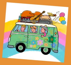 Logo Camion Vert, camion illustré avec instruments de musique
