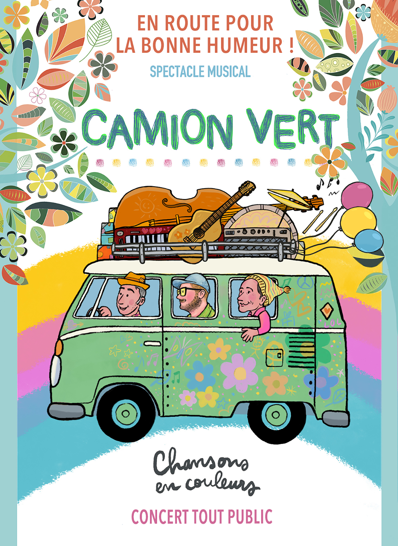 Affiche du spectacle musical Camion Vert, en route pour la bonne humeur, concert tout public