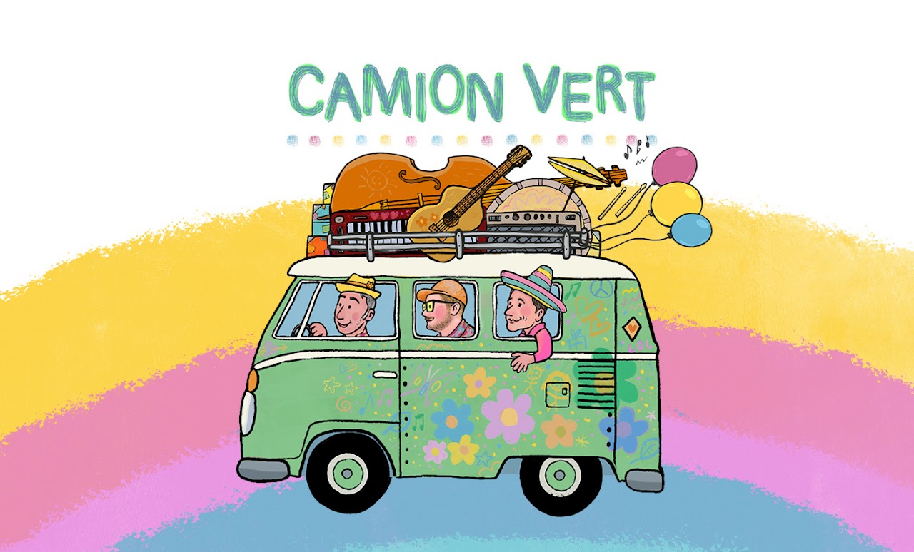 Illustration Camion Vert, le trio de musiciens dans un camion vert sur un arc-en-ciel